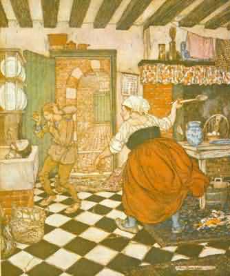 Many's the beating he had from the broomstick or the ladle.