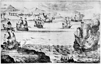 THE FIRESHIP DESTROYING THE SPANISH ADMIRAL THE FIRESHIP DESTROYING THE SPANISH ADMIRAL; CASTLE DE LA BARRA IN BACKGROUND